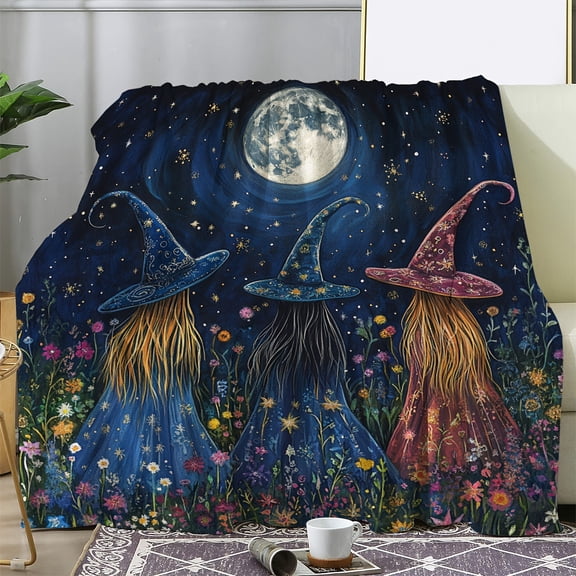 Vintage Enchanted Floral Witch Moon Print Flannel Throw Blanket - Cozy Soft Multipurpose Knitted Blanket for Sofa, Bed, Office, and Travel