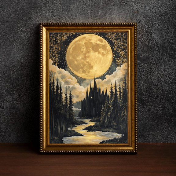 Vintage Enchanting Celestial Moon Art,Celestial Full Moon,Night Art,Vintage Landscape,Golden Moon Poster,Night Sky,Dark Academia, 8x12 UNFRAMED
