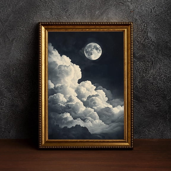 Vintage Enchanting Celestial Moon Art Celestial Full Moon Night Art Vintage Landscape Moon Art Night Sky Dark Academia