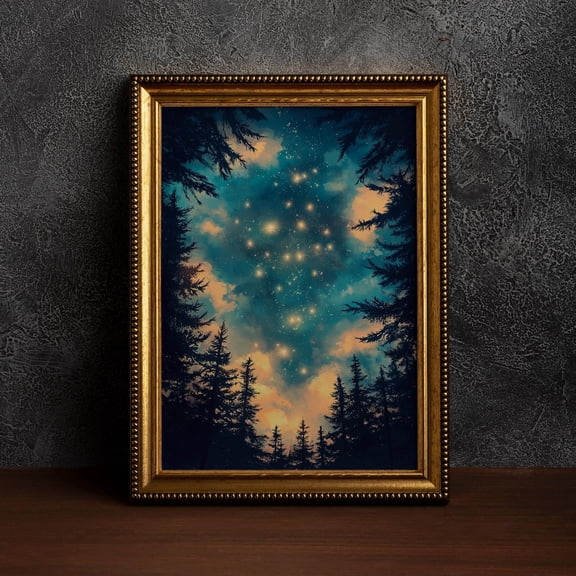 Vintage Enchanting Celestial Stars Art,Celestial Star Poster,Night Art,Vintage Landscap,Celestial Moon Poster,Night Sky,Dark Academia, 12x18 UNFRAMED