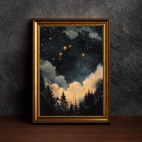 Vintage Enchanting Celestial Stars Art,Celestial Star Poster,Night Art,Vintage Landscap,Celestial Moon Poster,Night Sky,Dark Academia, F03-A, 8x12 UNFRAMED