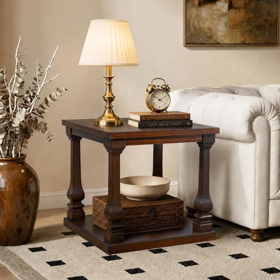 Vintage End Table with Storage,Walnut Side Table with Lower Shelf,Hardwood Solids,Pine Veneer and MDF Substrate for Living Room