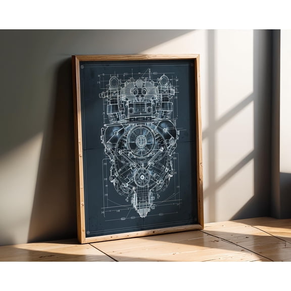 Vintage Engine Blueprint , Industrial Wall Art , Mechanic Gift , Car Decor , Poster Print Only