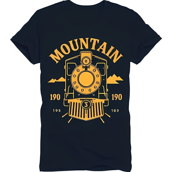 Vintage Engine Graphic T-Shirt 'MOUNTAIN' Design in Yellow on Blue