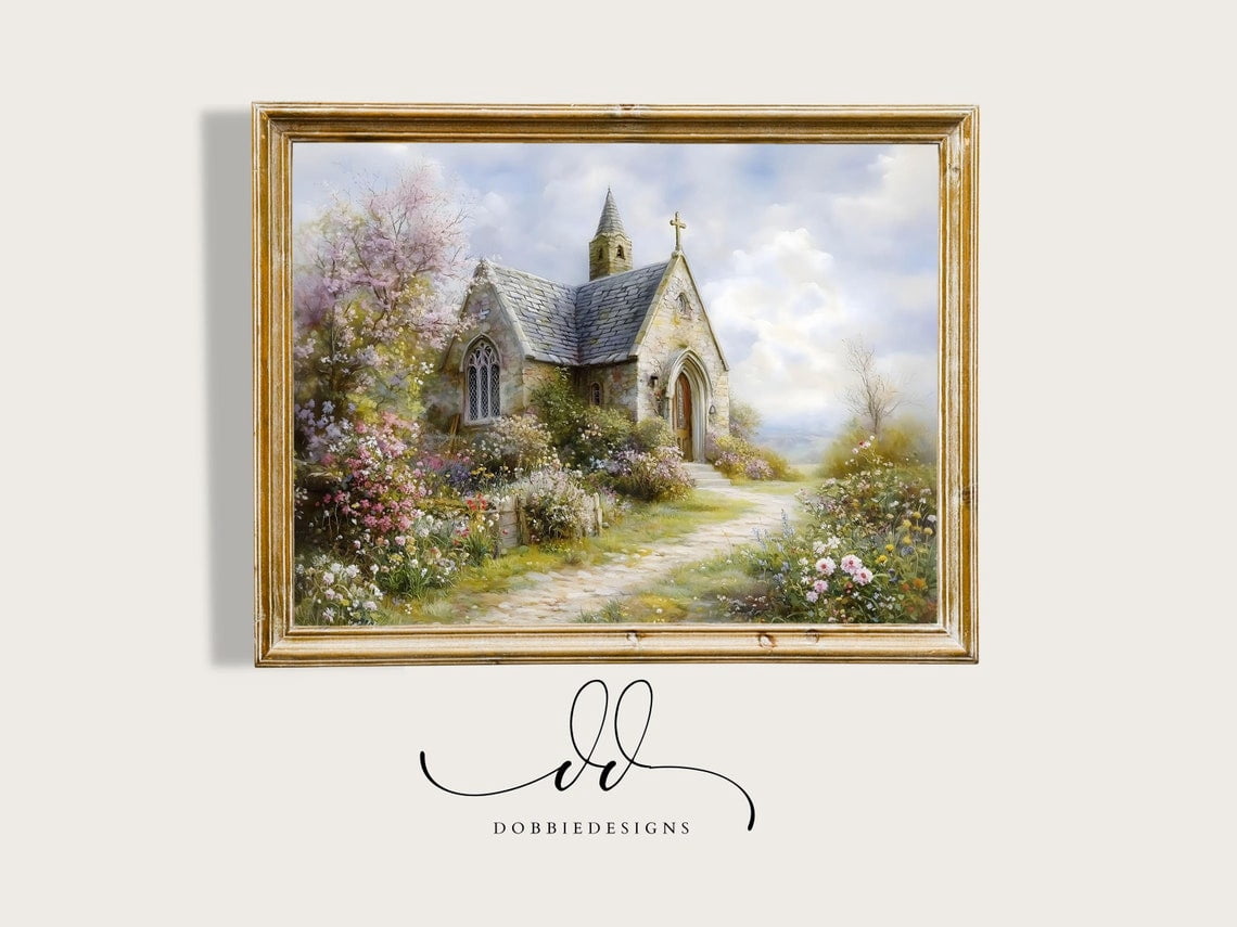 Vintage English Countryside Church Wall Art Cottage Garden Spring ...