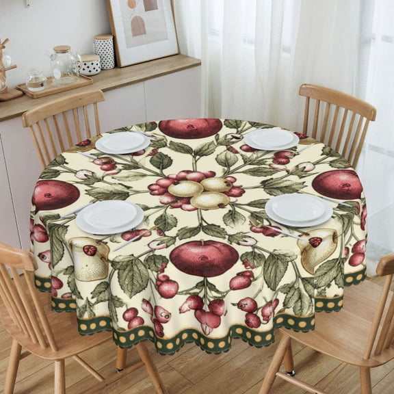 Vintage Engraved Apple Berry Botanical Round Tablecloth Waterproof Oil-Proof Plastic Table Cloth Stain-Resistant Wipeable 60" for Camping, Dining, Indoor and Outdoor