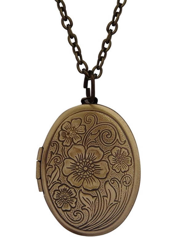 Vintage Engraved Flower Empaistic Photo Locket Hold Picture Oval Round Pendant Necklace Antique Carved Pattern Souvenir Memorial Clavicle Jewelry for Women