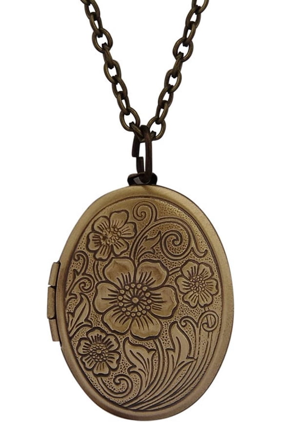 Vintage Engraved Flower Empaistic Photo Locket Hold Picture Oval Round Pendant Necklace Antique Carved Pattern Souvenir Memorial Clavicle Jewelry for Women