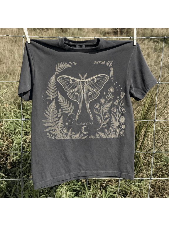 Vintage Engraved Style Moon Moth T-Shirt, Botanical Illustration of Ferns and Wildflowers, Mystic Academic Cottagecore Gift, Vintage Birthday Gift