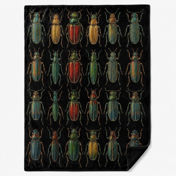 Vintage Entomology Beetle Print Fleece Blanket – Soft 280GSM Throw, 4 Sizes, Dark Botanical Insect Design