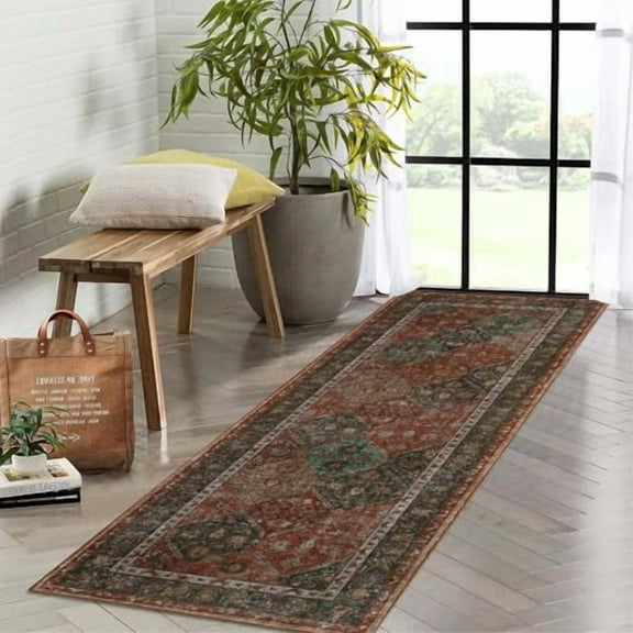 Vintage Entryway Rug Runner Ultra-Soft Indoor Non Slip Kitchen Runners Trellis Hallway Runner Rug Non-Shedding Foldable Laundry Rug Runner Rug Washable Runner Rug