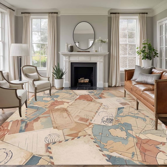 Vintage Envelope 5'x8' Area Rug for Living Room, Abstract Art Travel Maps Washable Non-Slip Rugs for Bedroom Nursery Dining Room, StainResistant Low-Pile Kitchen Carpet Large Entryway Rugs