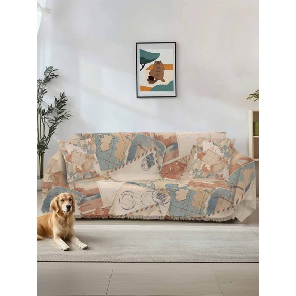 Vintage Envelope Couch Cover, Abstract Art Travel Maps Sofa Cover Blanket for 1 Seat Cushion, Sectional Sofa Slipcover Furniture Protector for Living Room Bedroom 71''x91''