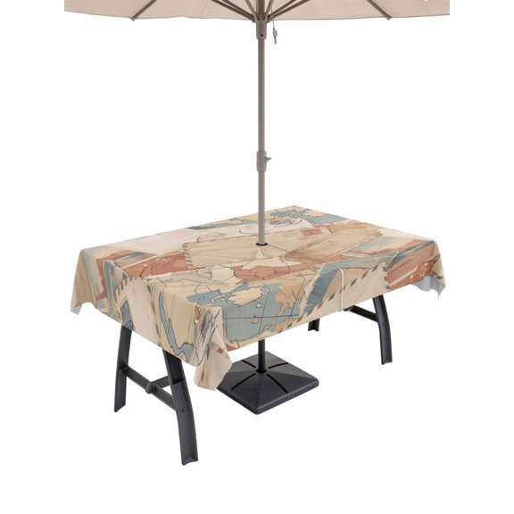 Vintage Envelope Outdoor Tablecloth - 60x84 Inch Rectangle Dining Table Cover, Abstract Art Travel Maps Waterproof Outdoor Table Cloth with Umbrella Hole & Zipper for Picnic/Patio/Party