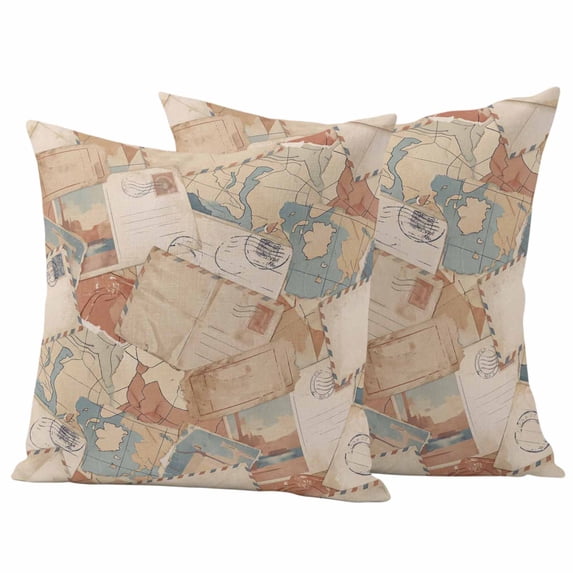 Vintage Envelope Outdoor Waterproof Pillow Covers, Abstract Art Travel Maps Decorative Square Throw Pillowcase Sofa Cushion Sham for Patio/Couch/Chair, 20"x20" 2 Pack