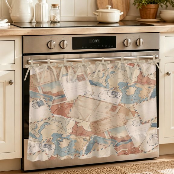 Vintage Envelope Oven Curtain with Tie Top, Oven Skirt Curtain for Kitchen, Abstract Art Travel Maps Under OvenCover Panel for Dust & Grease Protection, Apartment RV Cabinet Curtains 27''x20''