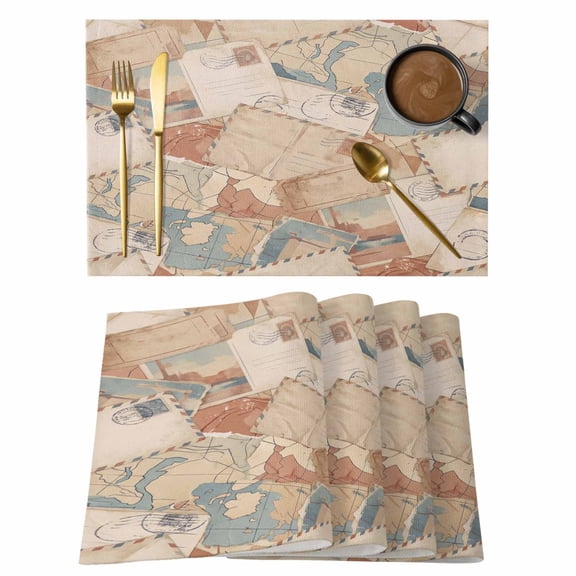 Vintage Envelope Placemats Set of 4 Abstract Art Travel Maps Place Mats Indoor Wipeable Table Mats Washable Cloth Dining Table Placemats for Kitchen Holiday Party Home Decor 13x19 Inch