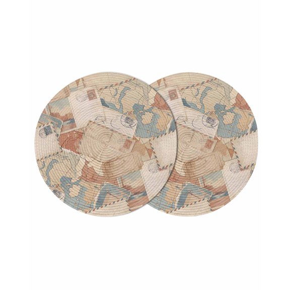 Vintage Envelope Round 13 Inch Placemats Set of 2, Abstract Art Travel Maps HeatResistant Non Slip Place Mats for Dining Table, Wipeable Braided Kitchen Table Mats for Housewarming