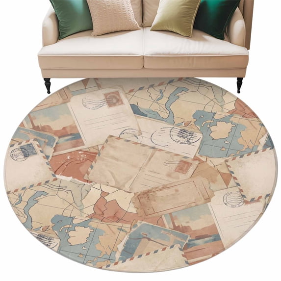 Vintage Envelope Round Area Rugs Collection 8', Abstract Art Travel Maps Non Slip Indoor Circular Throw Runner Rug Floor Mat Carpet for Living Room Dining Table Bedroom Nursery