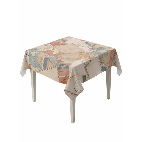 Vintage Envelope Table Cloth, Waterproof Tablecloth for Square Tables, Abstract Art Travel Maps Reusable Washable Fabric Table Cover for Restaurant Kitchen Dining Tables 54"x54"