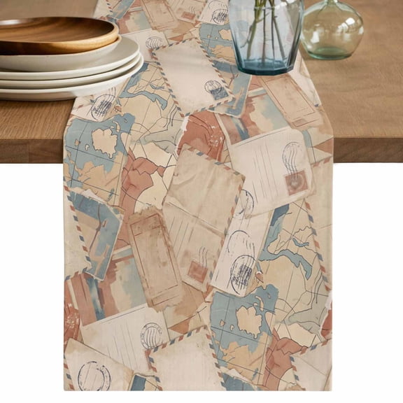 Vintage Envelope Table Runner, Abstract Art Travel Maps Washable Cotton Linen Table Runners 36 Inches Long, Dresser Scarf Runner for Nightstand/End Tables/Round Tables 13''x36''