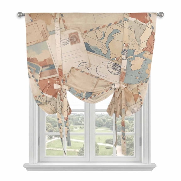Vintage Envelope Tie Up Curtains for Windows, Adjustable Balloon Window Shades, Abstract Art Travel Maps Kitchen Window Treatments Adjustable Roll Up Curtain for Basement/Nursery 52"x45"