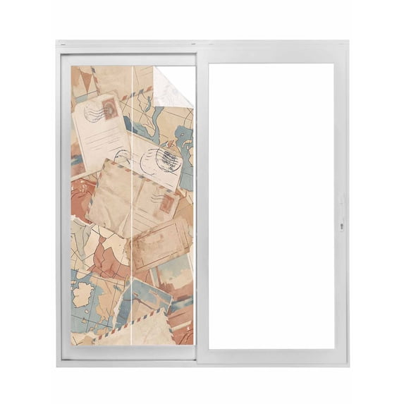 Vintage Envelope Window Privacy Film, Abstract Art Travel Maps Static Cling UV Sun Blocking Tint Film Heat Control Windows Films for Bedroom Bathroom, Window Stickers 29.5"x78.7"