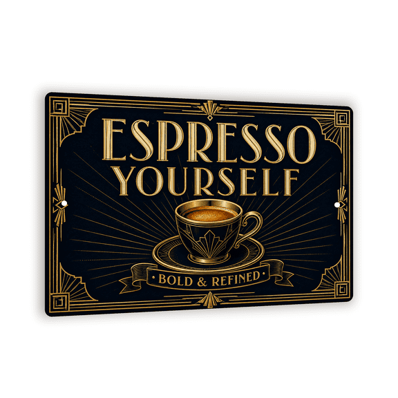 Vintage "Espresso Yourself" Art Deco Metal Sign - Glamorous Cafe Kitchen Wall Decor - 8"x 12" Coffee-Themed Wall Art For Coffee Lovers And Baristas