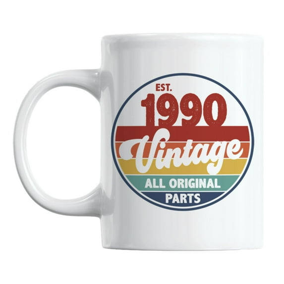 Vintage Est. 1990, All Original Parts White Ceramic Coffee & Tea Mug (11oz)