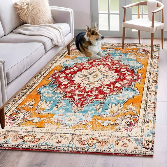 Vintage Ethnic Area Rug 4x6 Washable Rug Non Slip Boho Tribes Modern Orange Middle Century Large Area Rug Indoor Floor Carpet for Entryway Bedroom Kitchen Living Room Home Office Dining Room Nursery