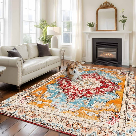Vintage Ethnic Area Rug 5x8 FT, Non Slip Bedroom Throw Carpet, Boho Tribes Modern Orange Middle Century Washable Soft Floor Carpet Non-Shedding Rug for Living Room Nursery Dorm Office