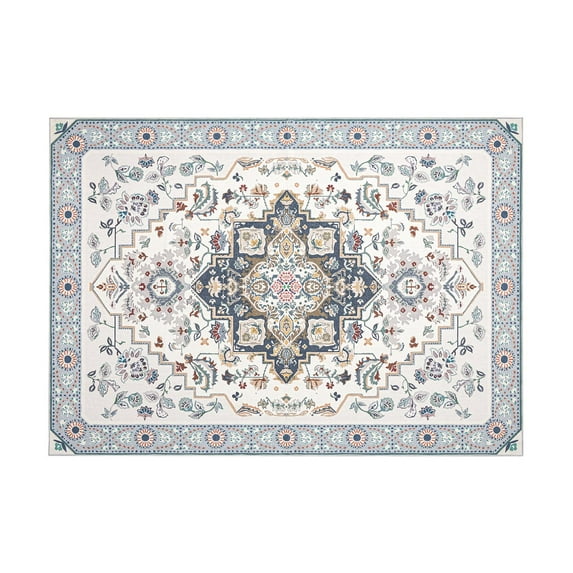 Vintage Ethnic Area Rugs, Classical Badge Washable Non-Slip Rug for Bedroom, Dining Room, Living Room, 5 x 7 ft, Blue, 1 Pack