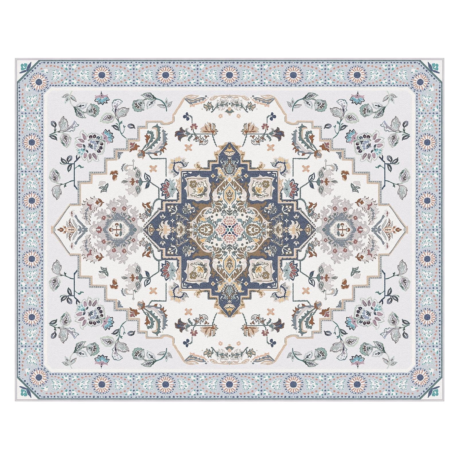 Phantoscope Vintage Medallion Rug — Non-Slip Living Room Rug, 8' x 10', Sand & French Blue