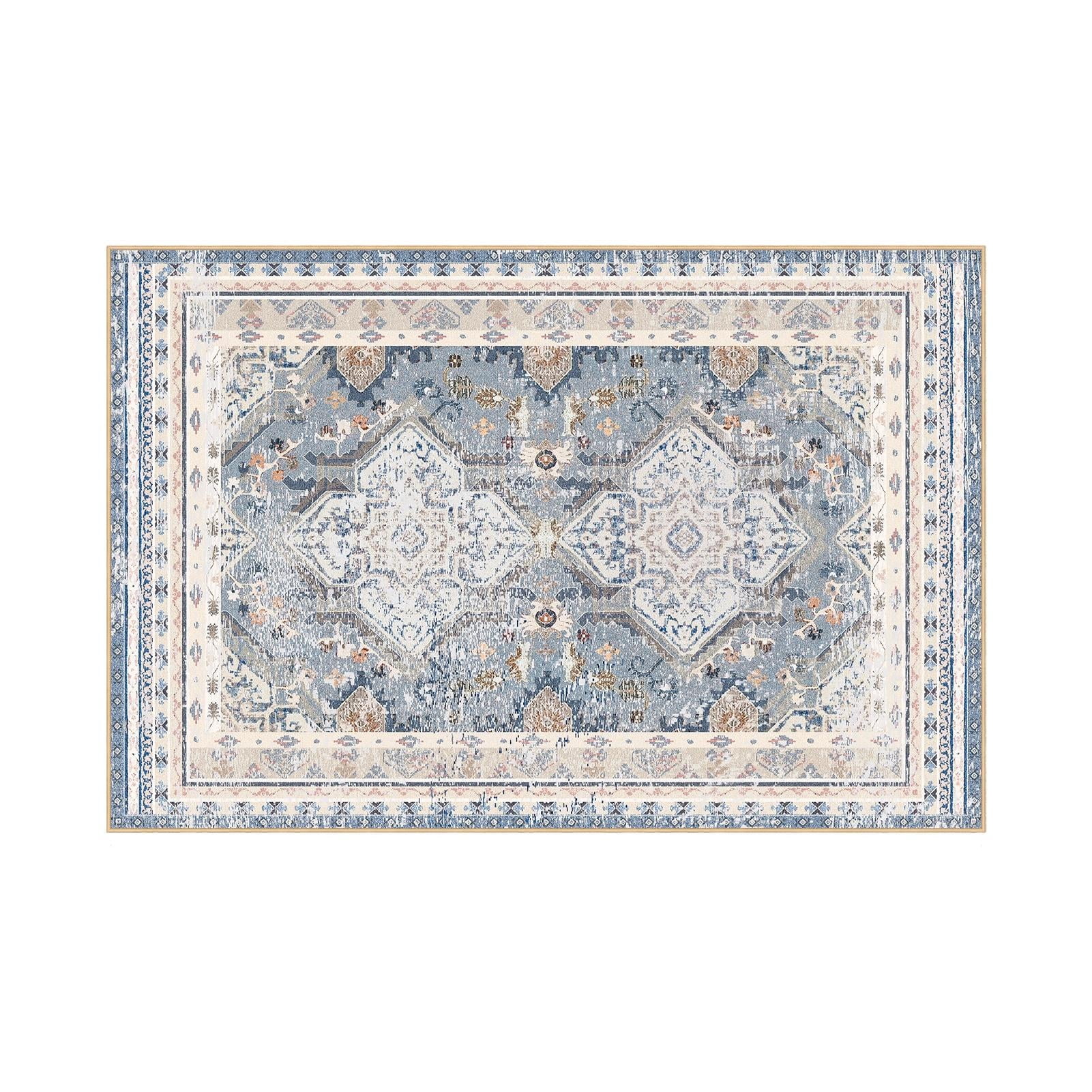 Phantoscope Retro Distressed Area Rug — Low-Pile Living Room Rug, 4' x 6', Classic Blue