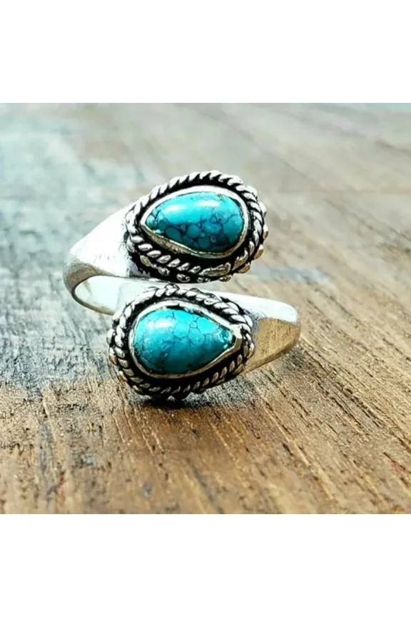 New Vintage Ethnic Carved Floral Inlaid Synthetic Turquoise Open End Rings for Men Women Bohemian Jewelry Holiday Party Accessories