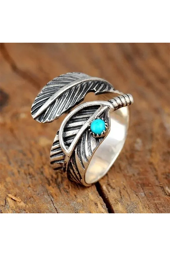 Vintage Ethnic Carved Floral Inlaid Synthetic Turquoise Open End Rings for Men Women Bohemian Jewelry Holiday Party Accessories