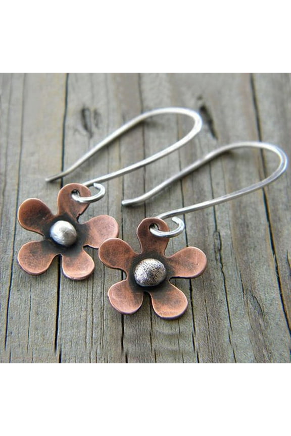 New Vintage Ethnic Copper Flower Drop Earrings for Women Tribal Ancient Copper Metal Dangle Earrings