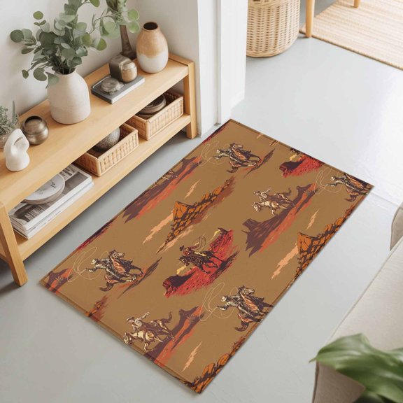 Vintage Ethnic Cowboy Horse Rectangle Area Rug 2x3ft,Living Room Rug Non-Slip Washable Circle Rugs Pad,Western Desert Theme Soft Floor Carpet for Bedroom Dining Room
