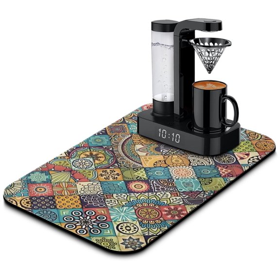 Vintage Ethnic Dish Drying Mat, Absorbent Coffee Bar Mat with Boho Tribal Style Patterns, Leak-Proof Non-Slip Kitchen Counter Mat