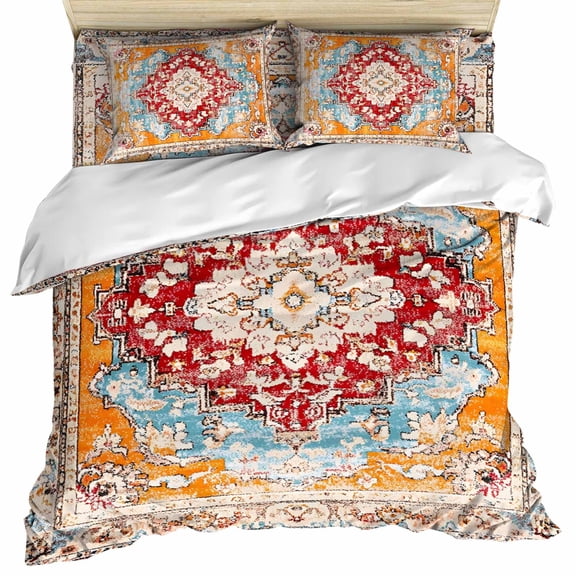 Vintage Ethnic Duvet Cover Set, Boho Tribes Modern Orange Middle Century Soft Duvet Cover Twin Size Bedding Set 4 Pieces, 1 Quiltcover and 2 Pillowcases with Zipper, 1 Bed Sheet for All Seasons