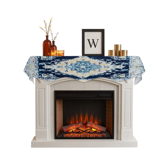 Vintage Ethnic Fireplace Mantel Scarf Cover 90"Wx17"L,Fireplace Mantel Shelf Top Runner,Boho Tribes Modern Blue Middle Century Mantle Dresser Scarves Table Runner for Holiday Party Living Room Decor