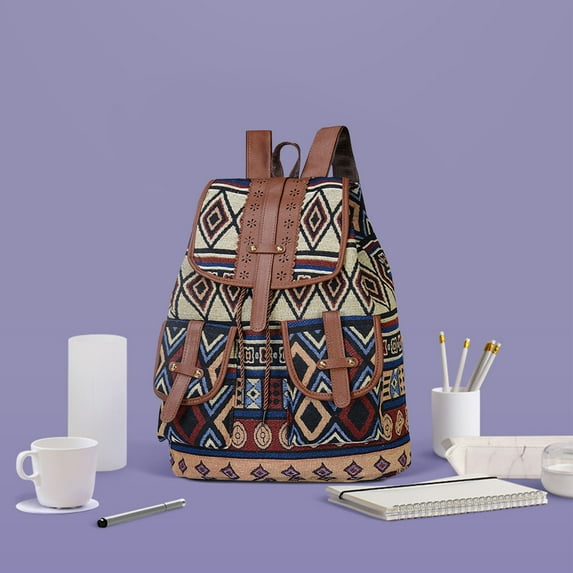 Vintage Ethnic Floral Canvas Backpack | Drawstring Closure Travel Bag | Multi-Pocket Design 30x40cm | Polyester Lined | Adjustable Straps | 400g Lightweight | Fashion Rucksack for Daily Use & Travel