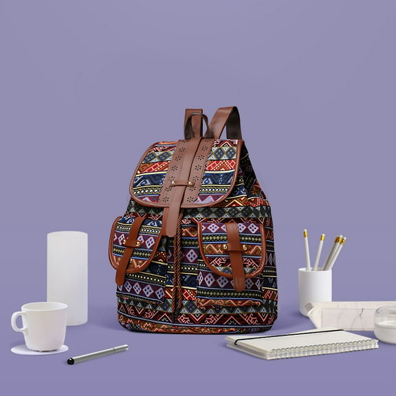 Vintage Ethnic Floral Canvas Backpack | Drawstring Closure Travel Bag | Multi-Pocket Design 30x40cm | Polyester Lined | Adjustable Straps | 400g Lightweight | Fashion Rucksack for Daily Use & Travel