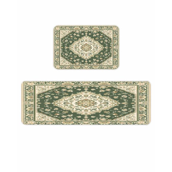 Vintage Ethnic Floral Kitchen Mats for Floor 2 Piece, Retro Green Classical Bohemian Style Absorbent Non-Slip Kitchen Rugs Comfort Standing Mat for Laundry, Hallways 20"x24"+20"x48"
