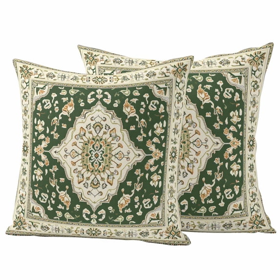 Vintage Ethnic Floral Pillow Covers 2 Pack Green Classical Bohemian Style Pillowcase Waterproof Outdoor Throw Pillow Cover for Patio Garden Square Cushion 16”x16”