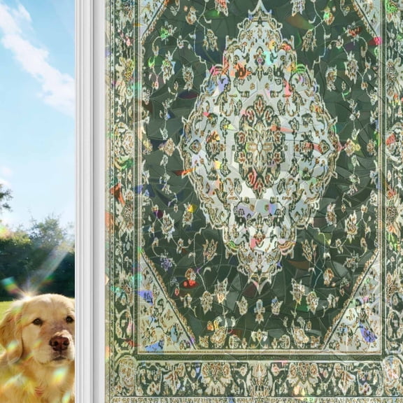 Vintage Ethnic Floral Rainbow Window Privacy Film, Retro Green Classical Bohemian Style Stained Glass Window Film, Sun Blocking Glass Clings Static Cling Non Adhesive Door Stickers 17.7 x 39.3 Inches
