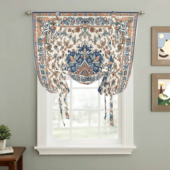 Vintage Ethnic Floral Tie Up Curtain 45 Inches Long, Retro Navy Classical Bohemian Style Balloon Style Kitchen Window Curtain Over Sink, Small Window Rod Pocket Curtain 52"x45"