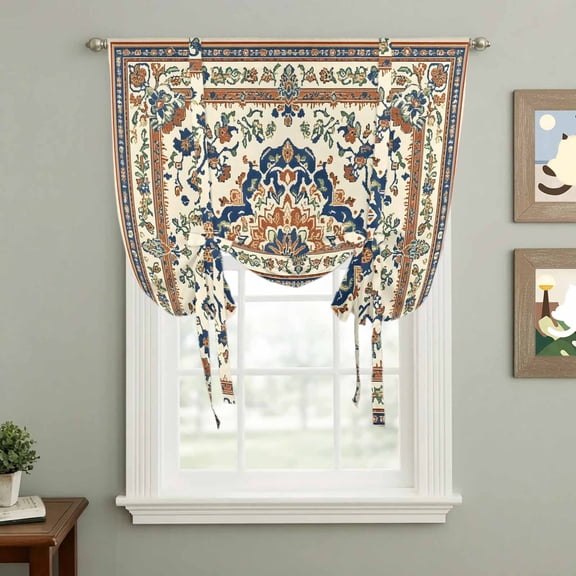Vintage Ethnic Floral Tie Up Curtain 63 Inches Long, Navy Brown Classical Bohemian Style Balloon Style Kitchen Window Curtain Over Sink, Small Window Rod Pocket Curtain 52"x63"