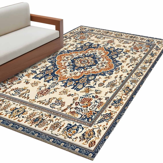 Vintage Ethnic Floral Washable Area Rug 3 x 5 ft Retro Brown Classical Bohemian Style , Soft Non Slip Rugs Stain Repellent Indoor Felt Carpet for Living Dining Room Bedroom Home Office
