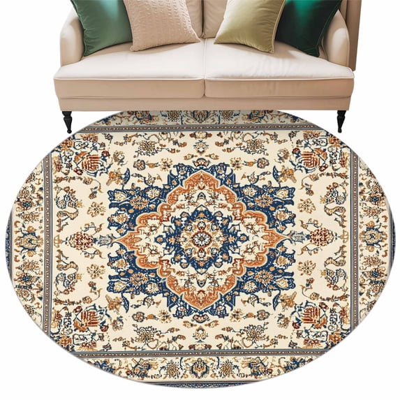 Vintage Ethnic Floral Washable Round Area Rug 6 ft, Retro Brown Classical Bohemian Style , Soft Non Slip Rugs Stain Repellent Indoor Felt Carpet for Living Dining Room Bedroom Home Office